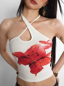 INAWLY Women's Summer Vacation Casual Sexy Printed Halter Backless Blouse White Floral Club Night - White - View 4