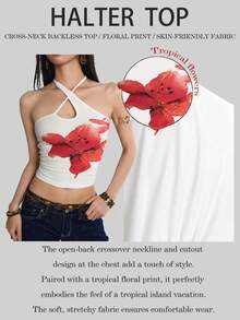 INAWLY Women's Summer Vacation Casual Sexy Printed Halter Backless Blouse White Floral Club Night - White - View 1