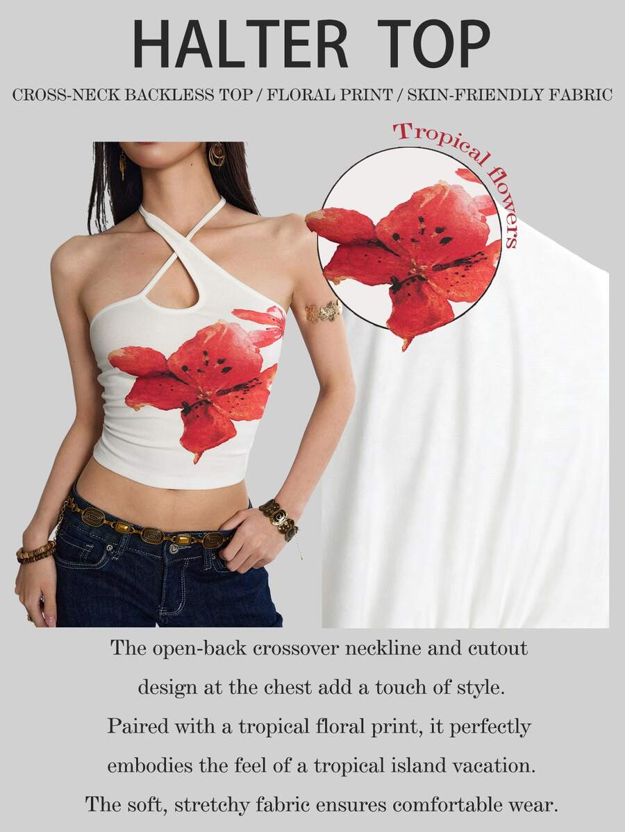 INAWLY Women's Summer Vacation Casual Sexy Printed Halter Backless Blouse White Floral Club Night - White - View 1