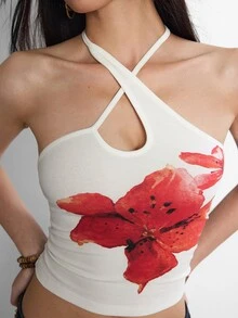INAWLY Women's Summer Vacation Casual Sexy Printed Halter Backless Blouse White Floral Club Night - White - View 6