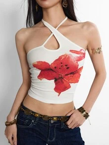INAWLY Women's Summer Vacation Casual Sexy Printed Halter Backless Blouse White Floral Club Night - White - View 2
