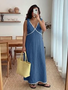 Enliva 大尺碼女款無袖拼色中長洋裝 時尚夏季度假休閒波希米亞風 適合蘋果型與圓潤身型 早午餐沙灘穿搭 淺藍色 - 藍色 - 查看 6