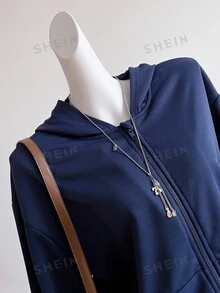 SHEIN Sparklyn Ropa de otoño para adolescentes chicas, sudadera chaqueta casual streetwear corte holgado regular, vuelta al colegio, atuendo cálido cómodo para sexto año, azul marino - Azul - Ver 4