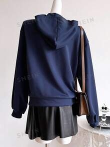SHEIN Sparklyn Ropa de otoño para adolescentes chicas, sudadera chaqueta casual streetwear corte holgado regular, vuelta al colegio, atuendo cálido cómodo para sexto año, azul marino - Azul - Ver 3