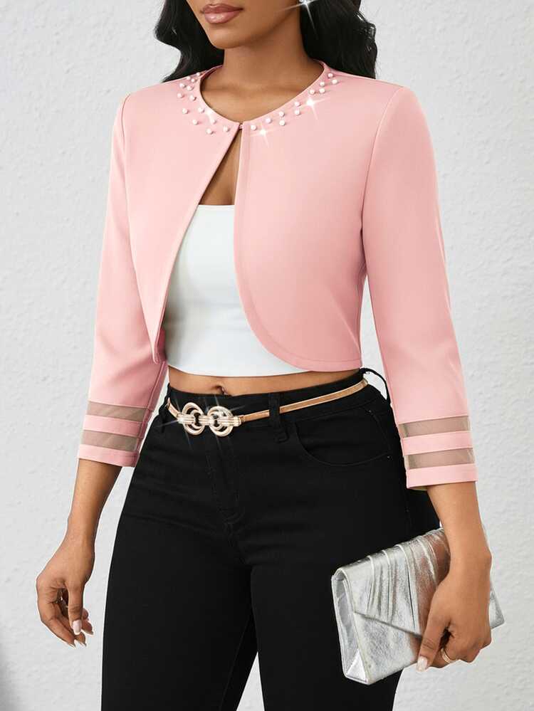 SHEIN Lady Soft Pink Thin Coat Neckline Diamond Jacket Women Tops Party Office Dinner Mother Of The Bride Church Wedding Outfits In Summer Elegant Autumn - Pink - View 4