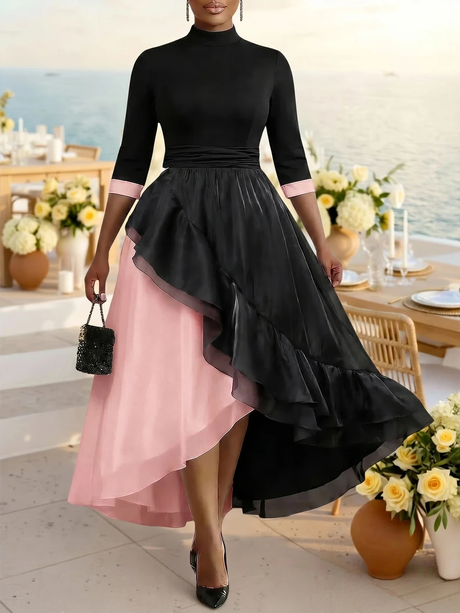 Fleurora Plus Size Women's Stand Collar 3/4 Sleeve Color Block Patchwork Ruffle Hem Elegant Dress Wedding Brunch Formal Dinner Pink Autumn Fall - Pink - View 1