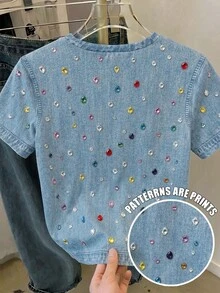 Tween Girl Casual Simple Retro Faux Denim Faux Diamond Pattern Print Crew Neck Short Sleeve T-Shirt, Suitable For Summer Daily Top - Multicolor - View 2