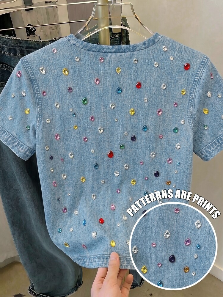 Tween Girl Casual Simple Retro Faux Denim Faux Diamond Pattern Print Crew Neck Short Sleeve T-Shirt, Suitable For Summer Daily Top - Multicolor - View 2