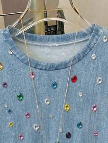 Tween Girl Casual Simple Retro Faux Denim Faux Diamond Pattern Print Crew Neck Short Sleeve T-Shirt, Suitable For Summer Daily Top - Multicolor - View 4