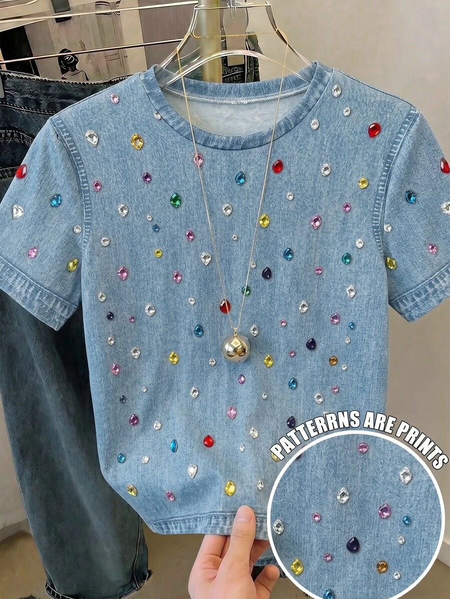 Tween Girl Casual Simple Retro Faux Denim Faux Diamond Pattern Print Crew Neck Short Sleeve T-Shirt, Suitable For Summer Daily Top - Multicolor - View 1