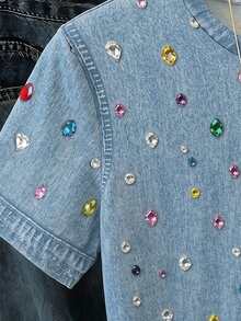 Tween Girl Casual Simple Retro Faux Denim Faux Diamond Pattern Print Crew Neck Short Sleeve T-Shirt, Suitable For Summer Daily Top - Multicolor - View 3