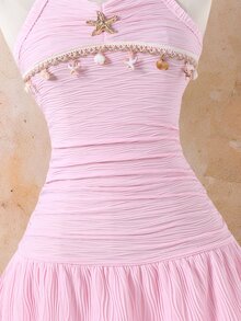 SHEIN Sparklyn Teen Girlhot Pink Starfish Decor Halter Neck Mini Dress, Summer, Graduation Beach, Outfits Clean Girl Aesthetic Y2k - Pink - View 5