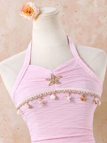 SHEIN Sparklyn Teen Girlhot Pink Starfish Decor Halter Neck Mini Dress, Summer, Graduation Beach, Outfits Clean Girl Aesthetic Y2k - Pink - View 6