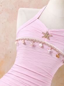 SHEIN Sparklyn Teen Girlhot Pink Starfish Decor Halter Neck Mini Dress, Summer, Graduation Beach, Outfits Clean Girl Aesthetic Y2k - Pink - View 3