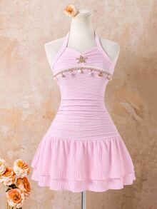 SHEIN Sparklyn Teen Girlhot Pink Starfish Decor Halter Neck Mini Dress, Summer, Graduation Beach, Outfits Clean Girl Aesthetic Y2k - Pink - View 4