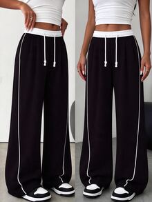 SHEIN 1pc Tween Girl Loose Casual Sports Sweatpants, Solid Color Fall Winter - Black - View 2