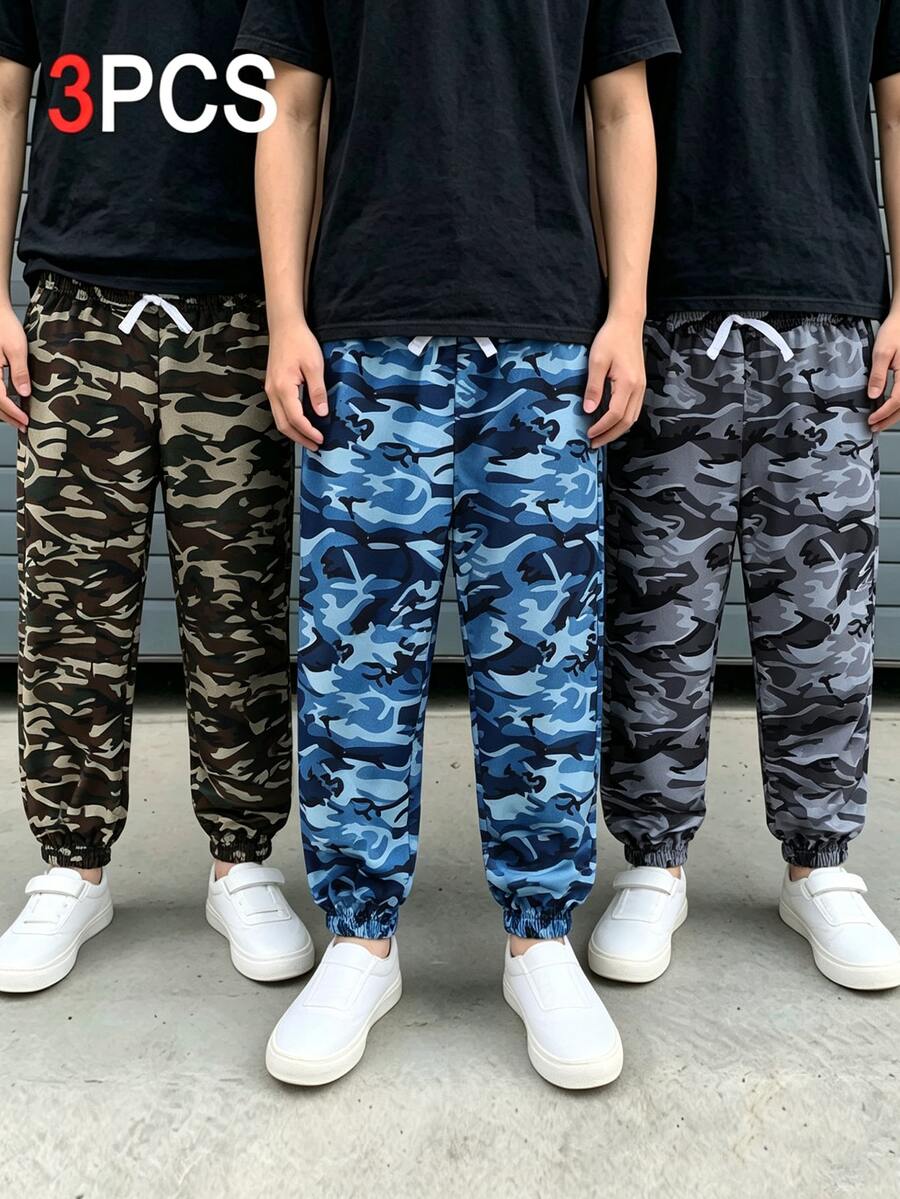 3pcs/Set Young Boy Casual Camouflage Print Drawstring Waist Pants , Chic For Autumn/Winter Back To School Fall Clothes Holiday - Multicolor - View 1