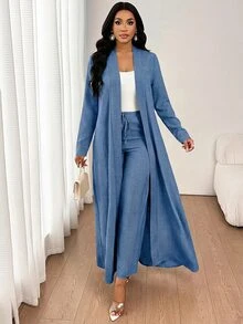 SHEIN Lady 女款休閒優雅紋理長袖開襟衫與抽繩寬鬆長褲兩件套，日常白天穿著，灰藍色，適合秋季辦公室與早午餐 - 藍色 - 查看 6
