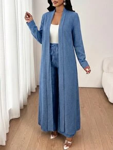 SHEIN Lady 女款休閒優雅紋理長袖開襟衫與抽繩寬鬆長褲兩件套，日常白天穿著，灰藍色，適合秋季辦公室與早午餐 - 藍色 - 查看 4