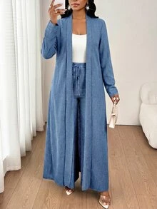 SHEIN Lady 女款休閒優雅紋理長袖開襟衫與抽繩寬鬆長褲兩件套，日常白天穿著，灰藍色，適合秋季辦公室與早午餐 - 藍色 - 查看 5