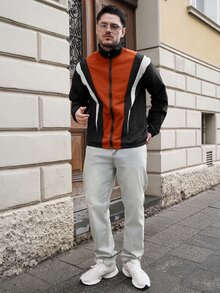 LEOGASHI LEOGASHI Men's Contrast Color Zipper Front Casual Loose Jacket - Orange - View 6