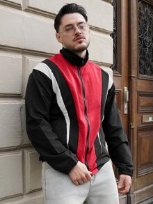 LEOGASHI LEOGASHI Men's Contrast Color Stand Collar Zip-Up Casual Long Sleeve Jacket Y2k Jacket Men - Black - View 5