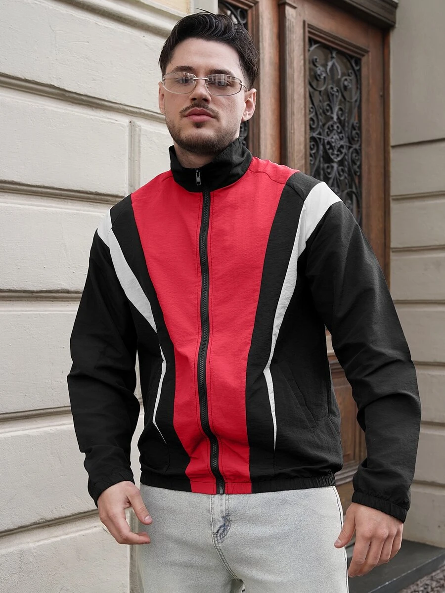 LEOGASHI LEOGASHI Men's Contrast Color Stand Collar Zip-Up Casual Long Sleeve Jacket Y2k Jacket Men - Black - View 1