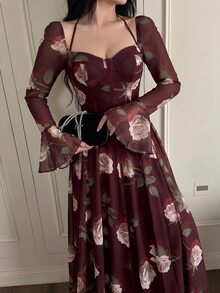 Feyla 女款優雅花卉印花喇叭袖長洋裝 - 彩色 - 查看 6