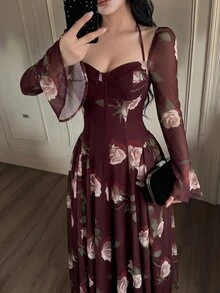 Feyla 女款優雅花卉印花喇叭袖長洋裝 - 彩色 - 查看 5