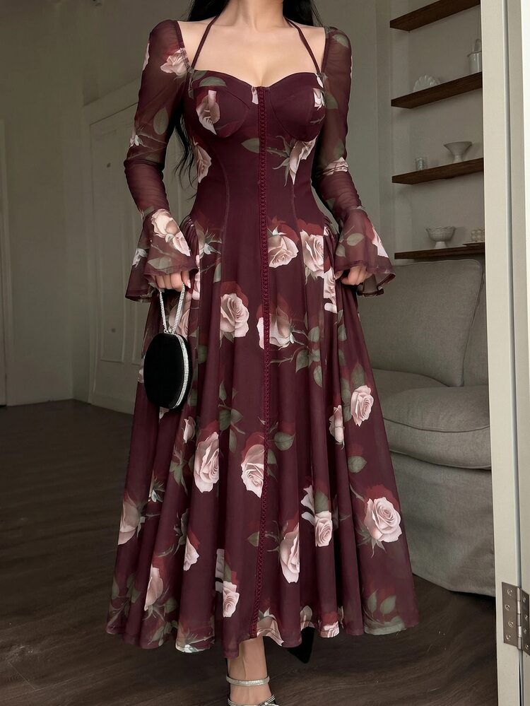 Feyla Stylish Women's Maroon Floral Print Mesh Overlay Long Dress Sweetheart Neck Long Bell Sleeves - Multicolor - View 3