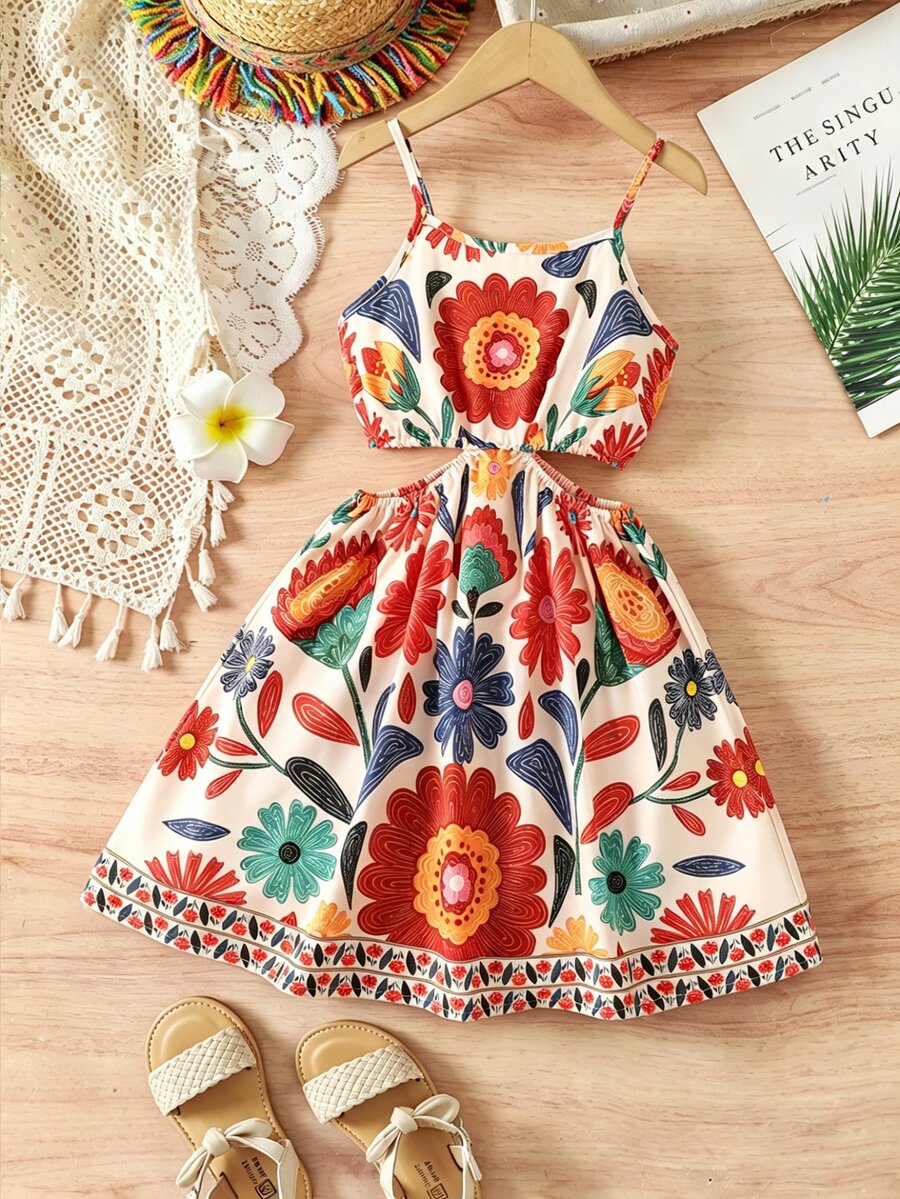 SHEIN Elladie kids 女童夏季度假花卉印花腰部鏤空無袖洋裝套裝 嬰兒洗禮 7歲生日 彩虹公主風 - 彩色 - 查看 1