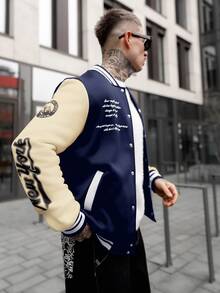 Artur Kramer Men's Long Sleeve Casual Street Style Slogan Print Contrast Color Varsity Bomber Baseball Jacket, For Fall - Multicolor - View 3