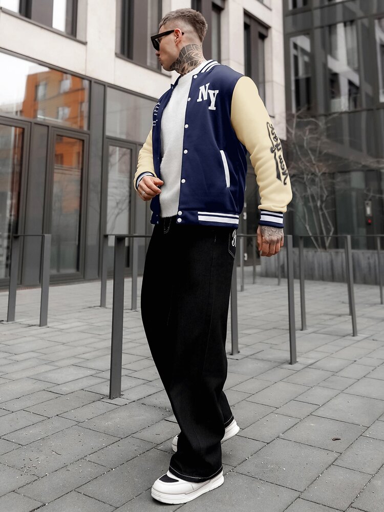Artur Kramer Men's Long Sleeve Casual Street Style Slogan Print Contrast Color Varsity Bomber Baseball Jacket, For Fall - Multicolor - View 2