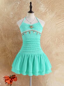 SHEIN Tween Girls' Summer Vacation Textured Starfish Shell Decor Halter Neck Ruffle Hem Mini Dress, Graduation, Outfit Beach Teal Blue Tropical - Apricot - View 3