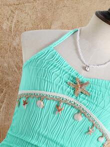 SHEIN Tween Girls' Summer Vacation Textured Starfish Shell Decor Halter Neck Ruffle Hem Mini Dress, Graduation, Outfit Beach Teal Blue Tropical - Apricot - View 5