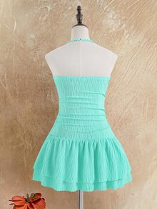 SHEIN Tween Girls' Summer Vacation Textured Starfish Shell Decor Halter Neck Ruffle Hem Mini Dress, Graduation, Outfit Beach Teal Blue Tropical - Apricot - View 9