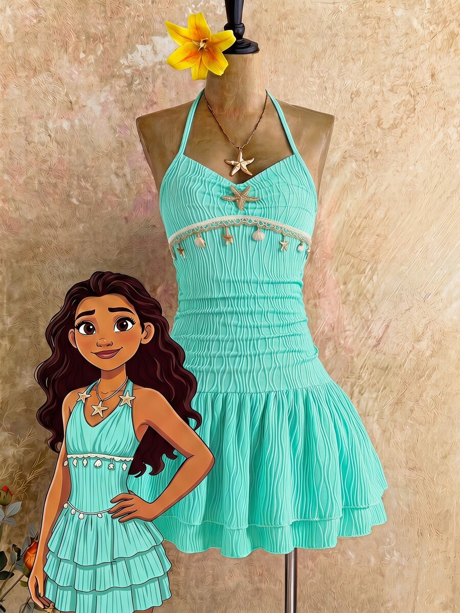 SHEIN Tween Girls' Summer Vacation Textured Starfish Shell Decor Halter Neck Ruffle Hem Mini Dress, Graduation, Outfit Beach Teal Blue Tropical