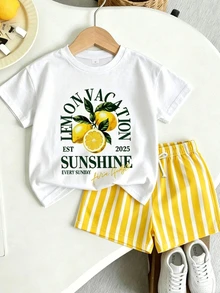 SHEIN Playful Pals Set Kaos dan Celana Pendek Bergaris Motif Lemon untuk Anak Laki-Laki - MultiWarna - View 1