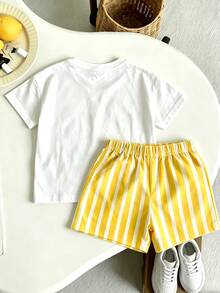 SHEIN Playful Pals Set Kaos dan Celana Pendek Bergaris Motif Lemon untuk Anak Laki-Laki - MultiWarna - View 2