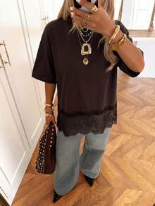 SHEIN EZwear 巧克力棕色蕾丝拼接针织女式T恤 - 巧克力棕 - 查看 4