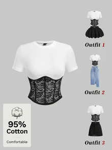 SHEIN MOD 黑白蕾丝拼接弹力圆领短袖修身T恤 - 黑與白 - 查看 1