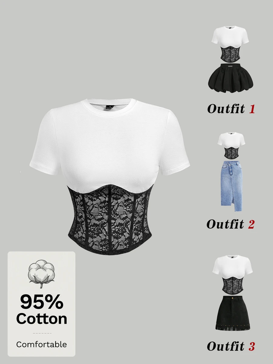 SHEIN MOD 黑白蕾丝拼接弹力圆领短袖修身T恤 - 黑與白 - 查看 1