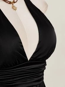 SHEIN ICON Women's Solid Color Deep V-Neck Ruched Waist Sexy Halter Top - Black - View 10