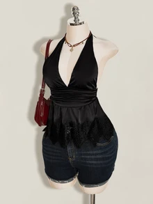 SHEIN ICON Women's Solid Color Deep V-Neck Ruched Waist Sexy Halter Top - Black - View 5