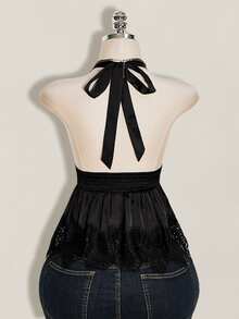 SHEIN ICON Women's Solid Color Deep V-Neck Ruched Waist Sexy Halter Top - Black - View 2