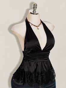 SHEIN ICON Women's Solid Color Deep V-Neck Ruched Waist Sexy Halter Top - Black - View 9