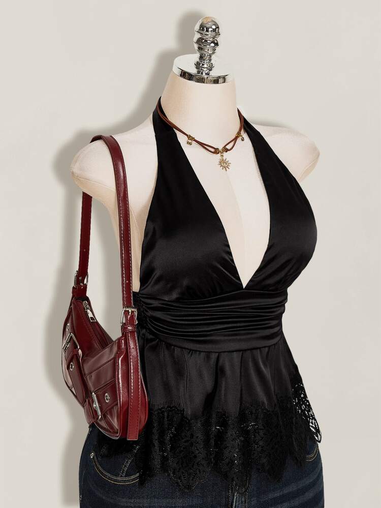 SHEIN ICON 女款素色深V領抓皺腰部性感掛脖上衣 - 黑色 - 查看 3