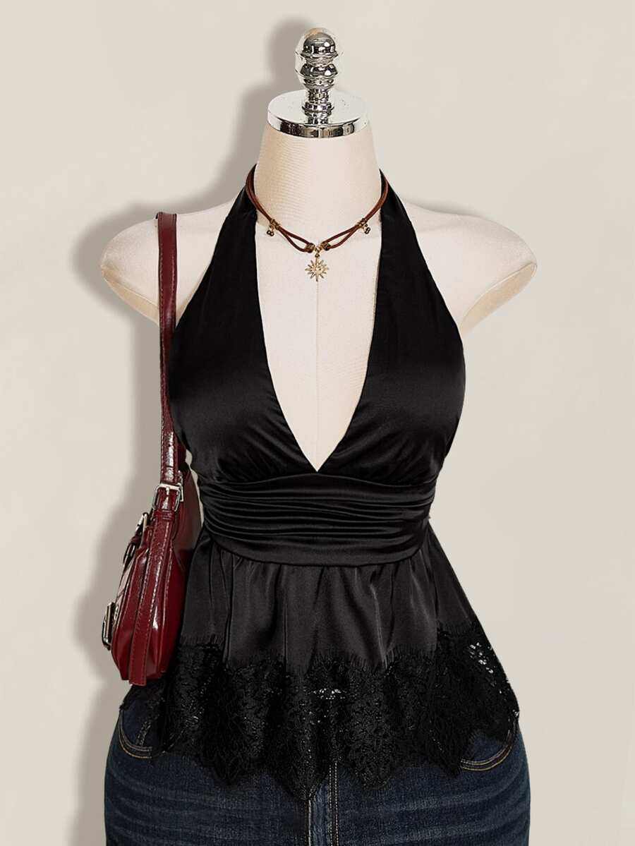 SHEIN ICON Women's Solid Color Deep V-Neck Ruched Waist Sexy Halter Top - Black - View 1