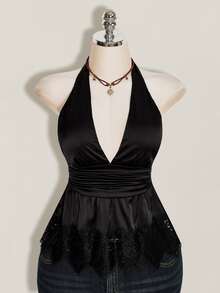 SHEIN ICON Women's Solid Color Deep V-Neck Ruched Waist Sexy Halter Top - Black - View 3