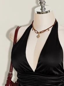 SHEIN ICON Women's Solid Color Deep V-Neck Ruched Waist Sexy Halter Top - Black - View 6